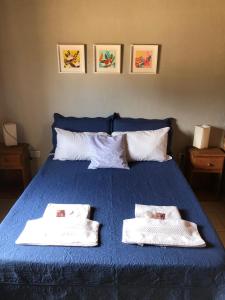 ein blaues Bett mit zwei weißen Handtüchern darauf in der Unterkunft Cabañas La Querencia 2 dormitorios in Villa Cura Brochero + 16 Fotos