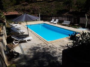 - une piscine avec 2 chaises et un parasol dans l'établissement Les Amandiers - 5 km de la plage, à Sainte-Maxime