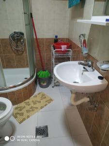 y baño con lavabo, ducha y aseo. en Apartman Zubac, Vrnjacka Banja, en Vrnjci