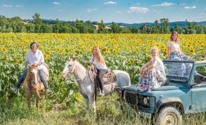 un gruppo di donne che cavalcano cavalli in un campo di girasoli di Agriturismo Pieve Sprenna a Buonconvento