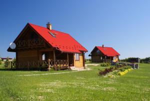 dois edifícios de madeira com telhados vermelhos num campo em Domy nad jeziorem Blanki em Lidzbark Warmiński