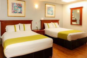 Suites Bajío في ليون: غرفة بسريرين في غرفة فندق