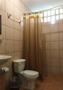 a bathroom with a toilet and a shower curtain at Hotel Frailes in Arriaga