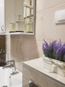 un lavabo con un jarrón de flores púrpuras. en Pinevile apartman 4, en Zlatibor 28 fotos más