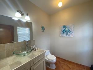 a bathroom with a sink, toilet, and mirror at The Breeze-A Boutique Villa Experience in St Thomas