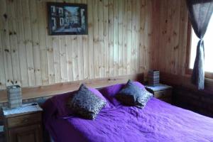 una camera con letto viola e 2 cuscini di Cabaña El Sueño de La Abuela a El Hoyo