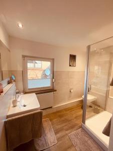 a bathroom with a sink and a shower at City Apartment Ochtrup - NETFLIX - WALLBOX in Ochtrup