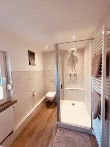 ein Bad mit einer Dusche und einem WC in der Unterkunft City Apartment Ochtrup - NETFLIX - WALLBOX in Ochtrup