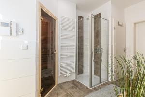 a bathroom with a walk in shower and a glass shower stall at 5 Sterne Ferienhaus direkt am See mit Sauna-Kamin-Garten in Krakow am See +23 photos
