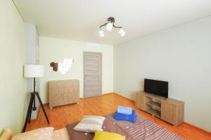 a living room with a couch and a television at Apartments Abajur on Pichugina street 6 in Kurgan