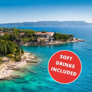 an island in the ocean with a sign that says soft drinks included at Valamar Sanfior Hotel & Casa in Rabac