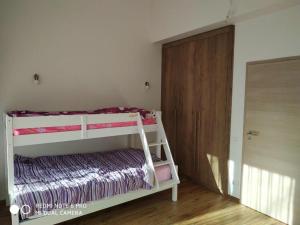 - une chambre avec des lits superposés et une porte en bois dans l'établissement Brezovica Luxury Villa, Brezovicë, à Brezovicë