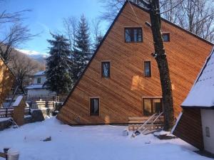 une grande maison en bois dans la neige dans l'établissement Brezovica Luxury Villa, Brezovicë, à Brezovicë