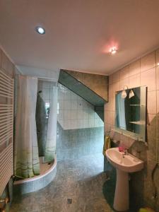 un baño con lavabo y ducha en Casa Verde, en Ranca