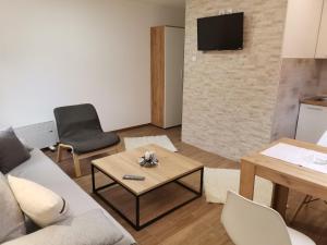 a living room with a couch and a table at Vila Vrh in Crni Vrh