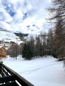 ein schneebedecktes Feld mit Bäumen und einem Zaun in der Unterkunft Boost Your Immo Prapelier Les Deux Alpes 430 in Les Deux Alpes