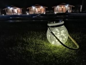 ein Mason-Glas mit einer Schnur im Gras. in der Unterkunft Radhika Eco Resort(Odonata) in Arambol