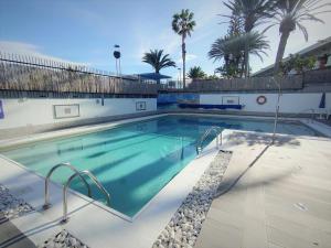 - une piscine d'eau bleue avec des palmiers dans l'établissement Apartamentos El Paseo, à Playa del Ingles