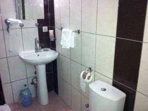 a small bathroom with a sink and a toilet at Anatolia Hotel in Pamukkale +23 photos