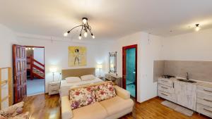 a living room with a couch and a kitchen at Boutique Hotel Shale in Bakuriani