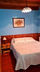 a bedroom with a bed and a blue wall at Casa Rural Los Pinos n5 de Riópar. in Riópar