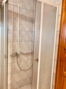 a shower with a hose in a bathroom at Planinska Koliba Sekulić in Sekulić 