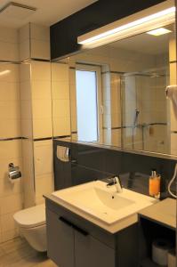 ein Badezimmer mit Waschbecken, Toilette und Spiegel in der Unterkunft Apartament Czarna Góra S26 in Heudorf