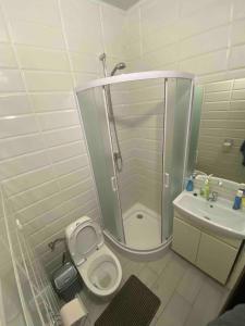 een badkamer met een douche, een toilet en een wastafel bij Ehostel360 in Ivano-Frankivsʼk
