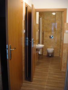 a bathroom with a toilet and a sink at Hostel Omega in Rzeszów