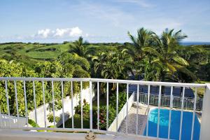 a balcony with a view of the ocean and palm trees at Studio avec piscine partagee jardin et wifi a Sainte Anne a 3 km de la plage in Sainte-Anne