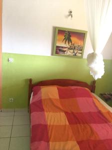 1 dormitorio con 1 cama con una manta colorida en Maison de 2 chambres avec jardin clos et wifi a Le Moule a 2 km de la plage, en Le Moule