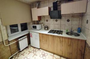 クルィヴィーイ・リーフにあるАпартаменты в центре Металлургов 27 KR Apartmentsの小さなキッチン(シンク、電子レンジ付)
