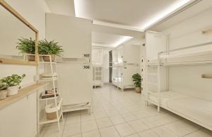 Sleepy Nomad Guesthouse في ميلاكا: غرفة مع سرير بطابقين أبيض ونباتات الفخار