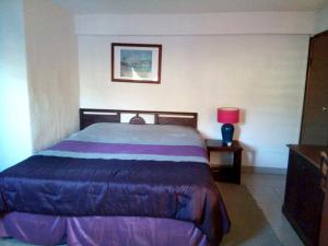 ein Schlafzimmer mit einem Bett mit einer blauen und violetten Decke in der Unterkunft 2 bedrooms house with sea view furnished garden and wifi at La Savane 2 km away from the beach in Happy Bay