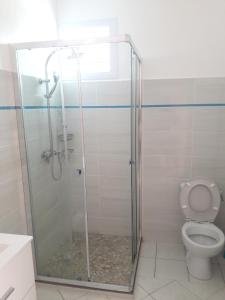 uma cabina de duche na casa de banho com WC em Maison d'une chambre avec piscine partagee terrasse amenagee et wifi a Petit Bourg em Petit-Bourg