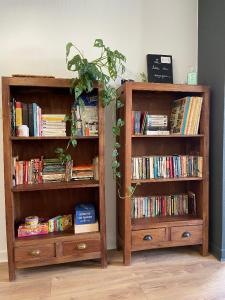 two wooden book shelves filled with books next to a wall at Superbe T2 de 45m² en hyper centre in La Rochelle