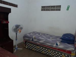 a bedroom with a bed and a fan at Homestay Mas Arjuna - Female Only in Bagongsabrangan