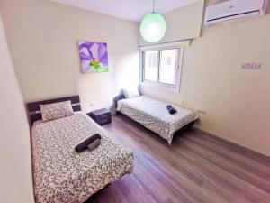 1 dormitorio con 2 camas y ventana en Beach-a-Holic Apartment, 2 min distance from Larnaca Marina, en Lárnaca