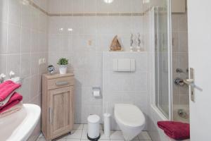 een badkamer met een douche, een toilet en een wastafel bij Hafenkante in Husum