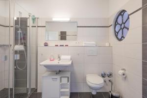 La salle de bains est pourvue de toilettes, d'un lavabo et d'une douche. dans l'établissement Carpe Diem, à Husum