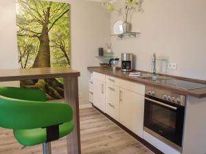 a kitchen with a table and a green chair at Apartment Godewind in Dagebüll
