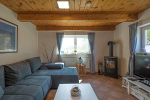 a living room with a blue couch and a tv at Hamburger Hallig in Bordelum