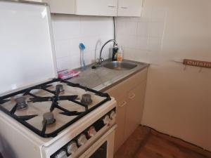 a kitchen with a stove and a sink at B&B In De Backerije 2 in Zuidwolde