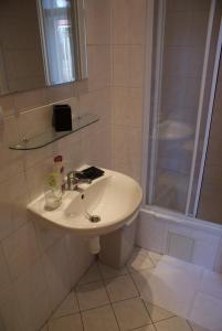 a bathroom with a sink and a shower at Penzion - U staré pekárny in Bohumín