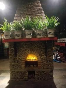 a stone fireplace with potted plants on top of it at Mogan Mountain Xiaomusensen in Deqing