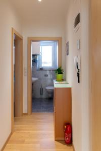 een badkamer met een wastafel, een toilet en een douche bij Apartment Haus Lang in Lagundo