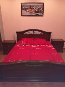 クルスクにあるApartament on Karla Libknekhta Streetの黒いベッド(赤いシーツ、赤い毛布付)