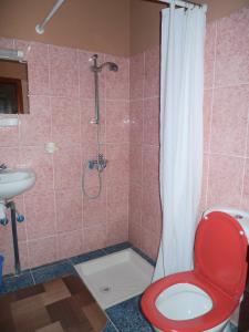 ein Bad mit einer Dusche, einem WC und einem Waschbecken in der Unterkunft Maison d'Hôtes Nouflla in Aït-Ben-Haddou