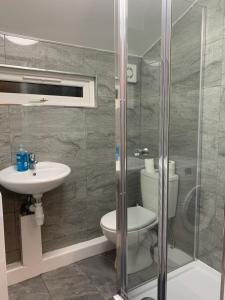 a bathroom with a toilet and a sink and a shower at Frances St House in London