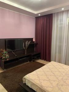 a bedroom with a bed and a flat screen tv at Квартира in Dnipro